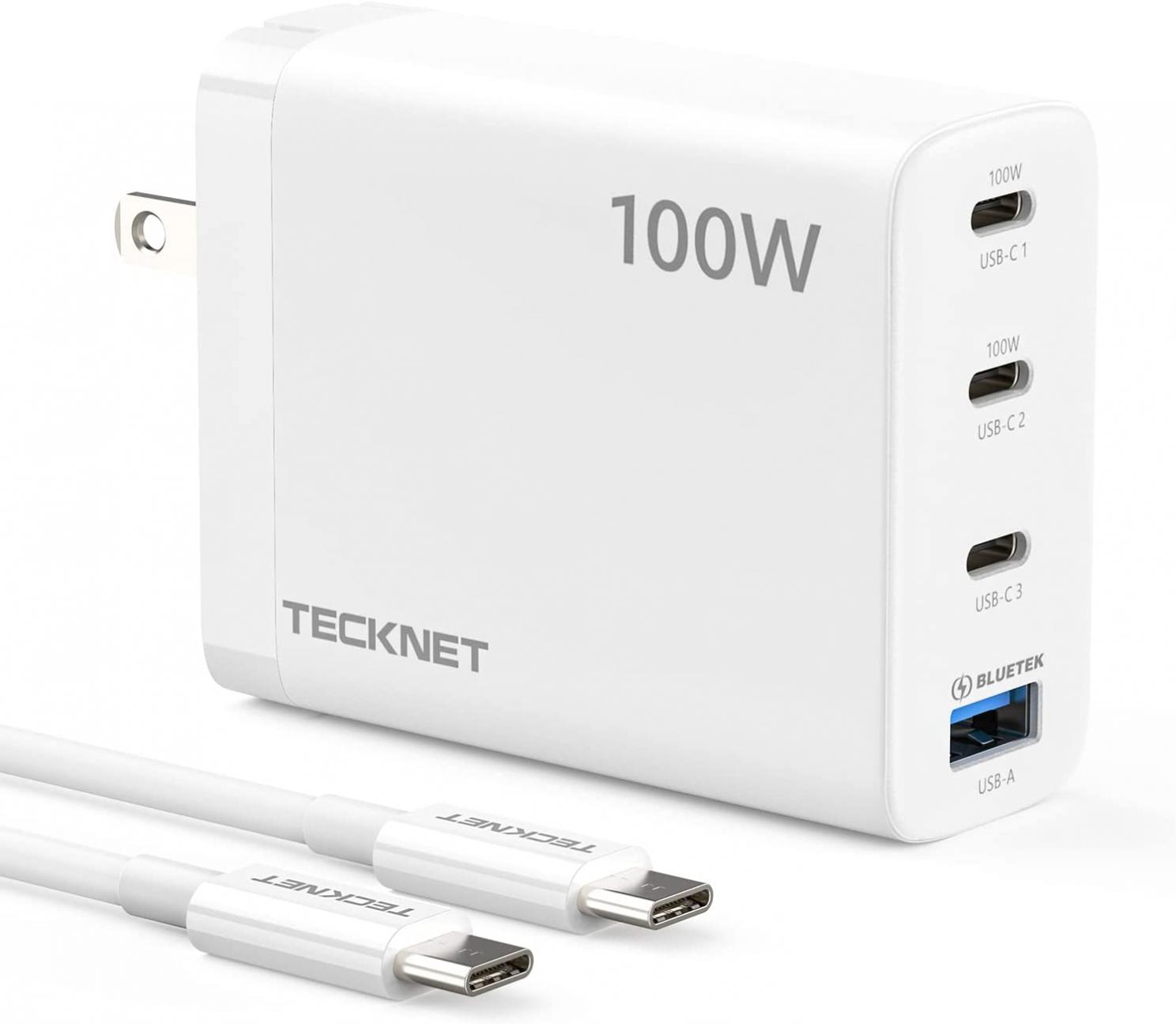 100W USB C Wall Charger, TECKNET 4 Port GaN Ⅲ Portable USB-C Fast Charger Block with Type C Cable, PD Power Adapter for iPhone 14/14 Pro, MacBook, iPad, AirPods, Dell XPS, Pixel, Samsung, PS5, Switch