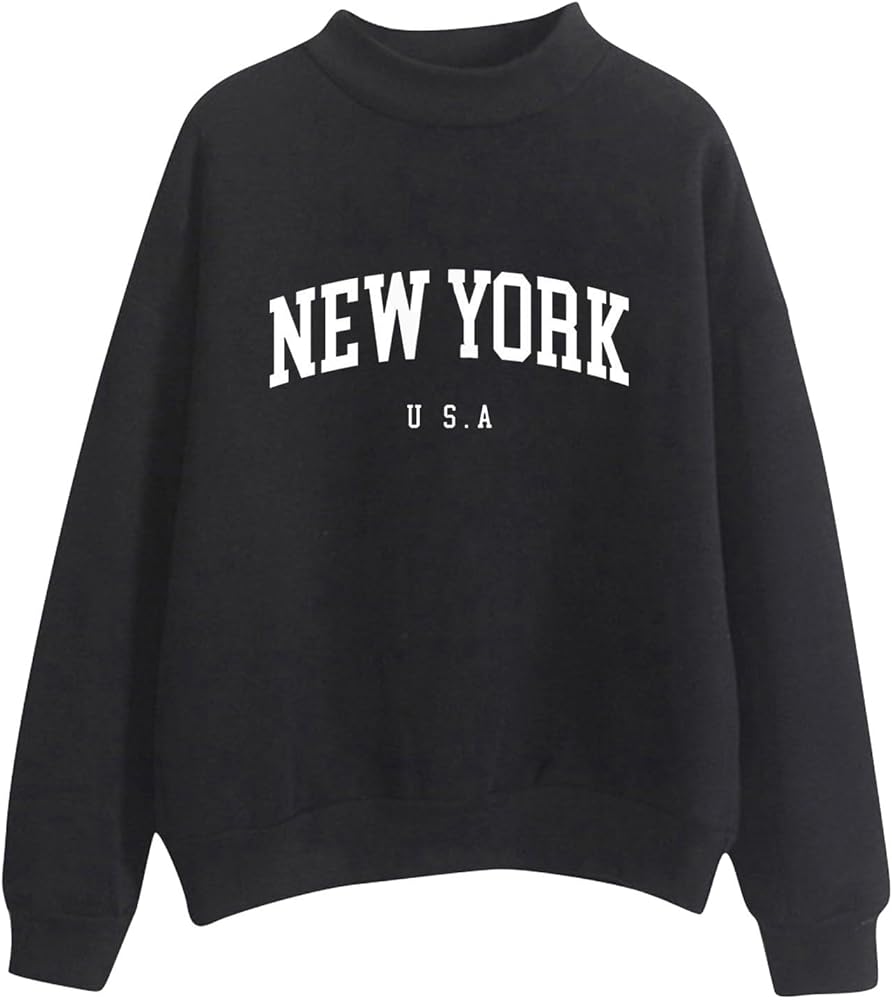 Stessotudo New York Sweatshirts for Women 2023 Long Sleeve Crew Neck Trendy Tops Letter Print Loose Fit Casual Fall Outfits
