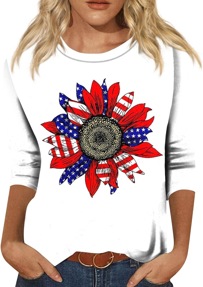 4th of July Outfits for Women 3/4 Sleeve Casual Independence Day Shirts Funny Trendy Holiday Tops
