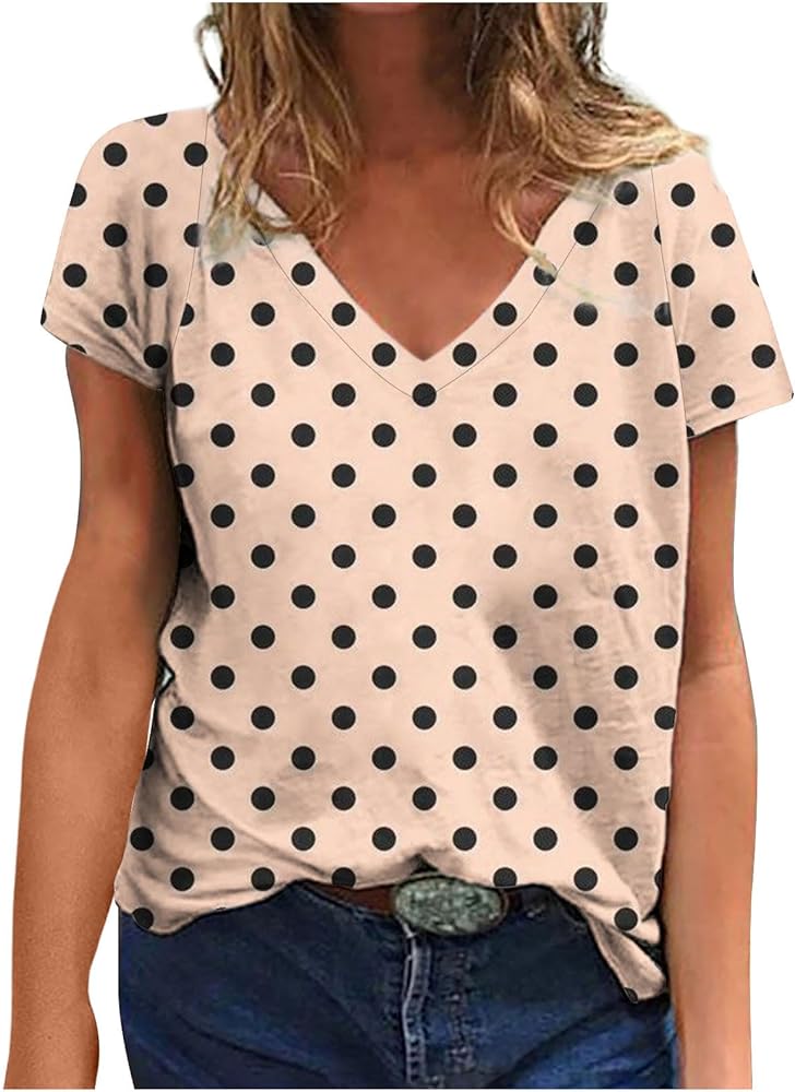 DASAYO Cute Summer Tops for Women V Neck Short Sleeve Polka Dot T Shirts Loose Fitting Casual Ladies Blouses Trendy 2024
