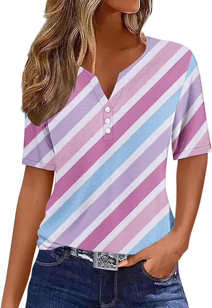 Short Sleeve Blouses for Women Color Block Plaid Summer Tunic Shirts Dressy Casual Loose Henley Tops Trendy