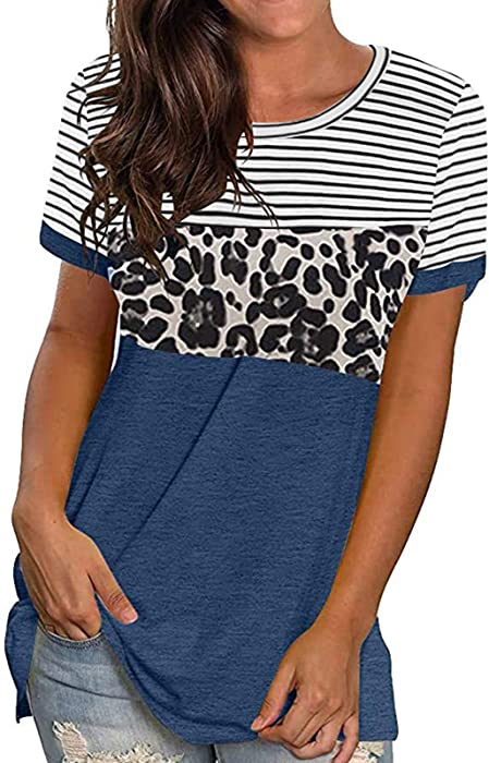 Summer T-Shirt for Women Striped Leopard Print Short Sleeve Tops Casual Color Block T Shirt Crewneck Tunic Tee Blouse