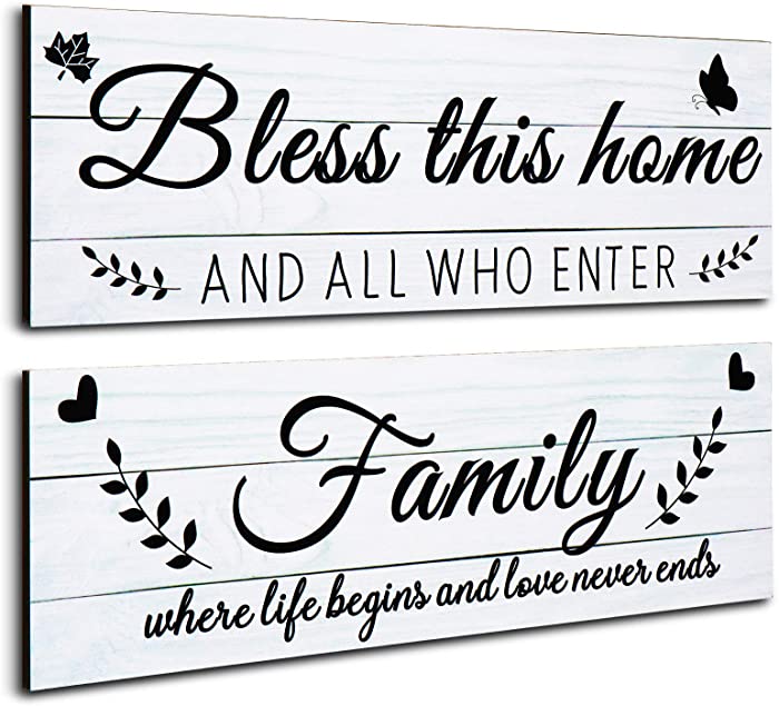 Jetec 2 Pieces Family Rustic Wooden Signs Bless This Home Wooden Wall Art Decor Farmhouse Family Entryway Sign Home Decoration for Bedroom Living Room Office Home Wall Decor, 13.8 x 4.7 Inch (White)