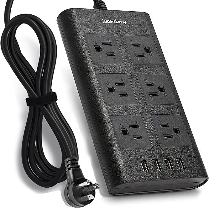 Power Strip Surge Protector, SUPERDANNY Flat Plug 10 Ft Extension Cord with 6 Outlets and 4 USB Ports (1875W/15A), Universal Voltage 110-240V for iPhone iPad Desktop Kitchen Home Office Dorm Black