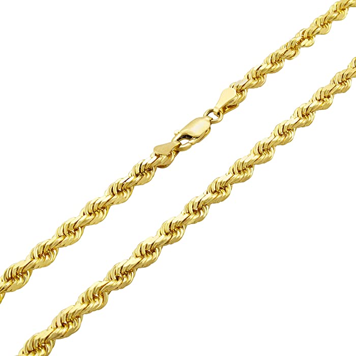 Nuragold 14k Yellow Gold 4mm Solid Rope Chain Diamond Cut Pendant Necklace, Mens Jewelry Lobster Clasp 18" 20" 22" 24" 26" 28" 30"