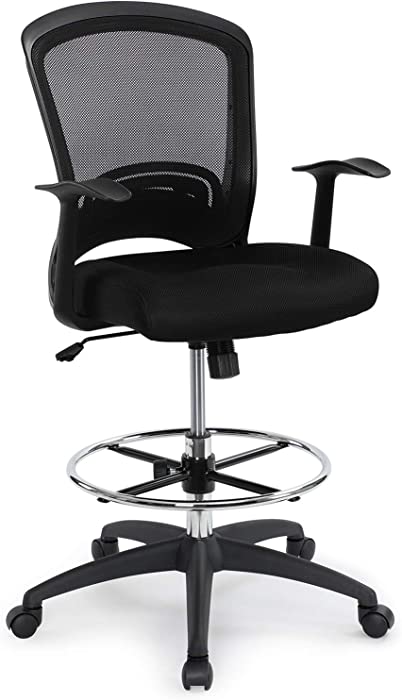 Ergonomic Mid-Back Mesh Adjustable Drafting Chair with Foot Ring, Standing-Desk Matched Tall Swivel Computer Office Stool, Black