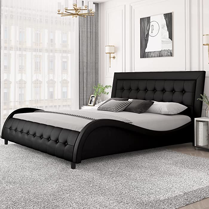 Hoomic Queen Size Upholstered Bed with Curved Headboard and Footboard, Streamlined Low Profile Platform, Modern Bed Frame, No Box Spring Needed, Noise Free, Easy Assembly, Black