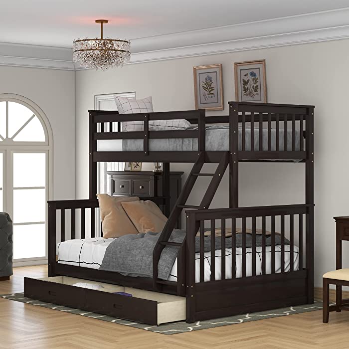 Bunk Bed with Drawers, Twin Over Full Bunk Bed, Solid Wood Bunks Bed Frame with Ladders & 2 Storage Drawers (Espresso, Twin Over Full with Drawers)