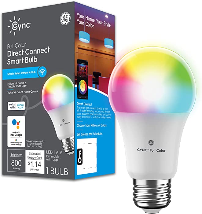 GE CYNC Smart LED Light Bulb, Color Changing, Bluetooth and Wi-Fi Enabled, Alexa and Google Assistant Compatible, Dimmable, Medium Base, Standard Bulb Shape (1 Pack), Packaging May Vary