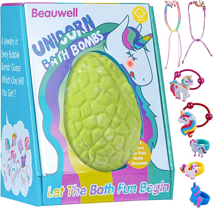 Easter Egg Unicorn Bath Bombs for Kids with Jewelry Inside,Easter Basket Stuffers,Gentle and Kid Safe Bubble Bath Fizzies,Ages 3 4 5 6 7 8 9 Year Old Boys and Girls Gifts,Ideal Birthday (Green Apple)