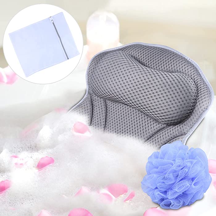 Bath Pillow Bathtub Pillow, Besititli Spa Bath Pillows for Tub Neck and Back Support, 4D Air Mesh Hot Tub Pillow with 6 Strong Suction Cups, Bathtub Accessories for Jacuzzi Bubble Soaking Bath(Gray)