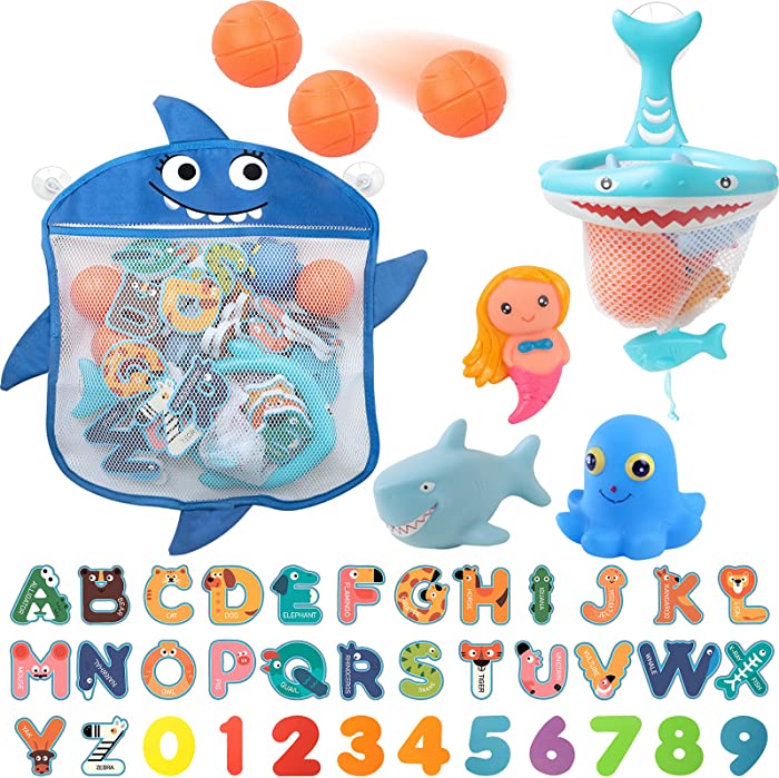 MITCIEN Baby Bath Toys with Organizer Bag 36 Foam Bath Letters and Numbers, 3 Light up Animal & 3 Bath Basketball,Fishing Net for Fish Catching and Pitching Game - for Babies Toddlers Bathtub Time