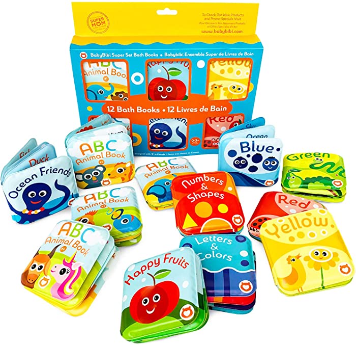 Super Bath Book Set of 12 (Fruits, Ocean Friends, ABC, Numbers Books; Color Recognition Bath Books Including Yellow, Green, Red and Blue Color Topics, ABC Animal Bath Books.