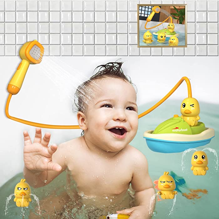 FHskFH Baby Bath Shower Head Toy Electric Shower Head Sprinkler Little Yellow Duck Shape with 4 Ducks 1 Motorboat 1 Sprinkler for Age 1-8