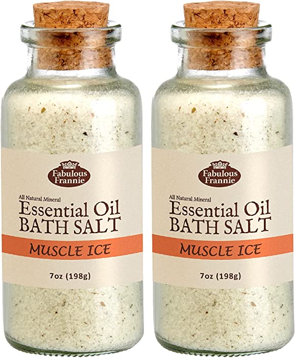 Fabulous Frannie Aromatherapy Muscle Ice Essential Oil Mineral Bath Salt 2pk/7oz each made with Cinnamon, Eucalyptus, Rosemary, Clove Bud, Lavender, Sweet Orange and Peppermint Essential Oils.