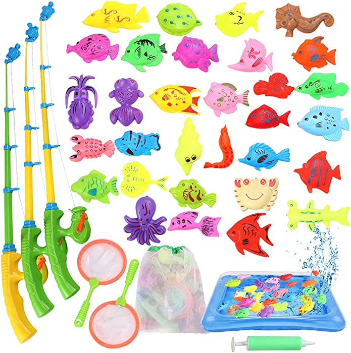 Carevon Magnetic Fishing Toys for Kids Ages 4-8, Fishing Game Pool Toys for Kiddie Pool 3-4 Yeas, 40pcs Floating Bath Fishing Toys for Bathtub Fun