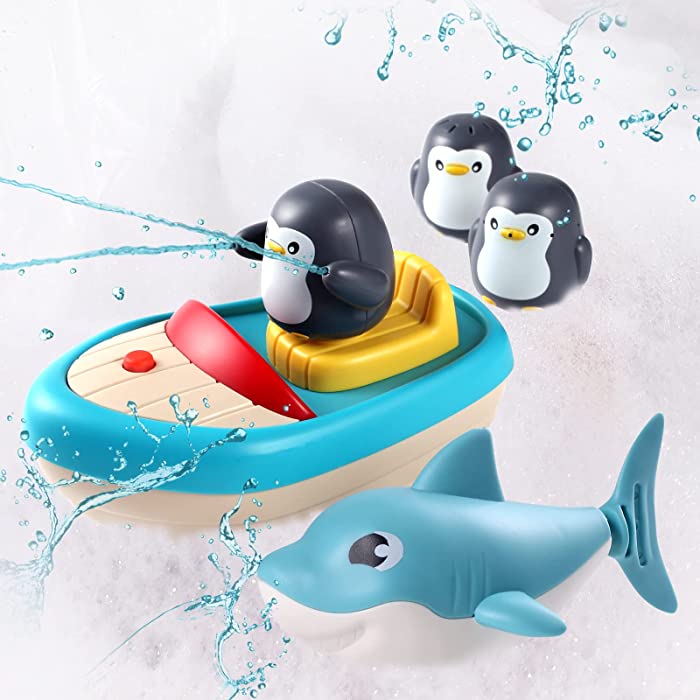 Solday Baby Bath Toys for Toddlers 1-3 with 1 Spray Boat, 3 Penguin Sprinkler, 1 Shark Wind-up Bathtub Buddy for Kids Boys Girls Swimming Pool Games Play Set