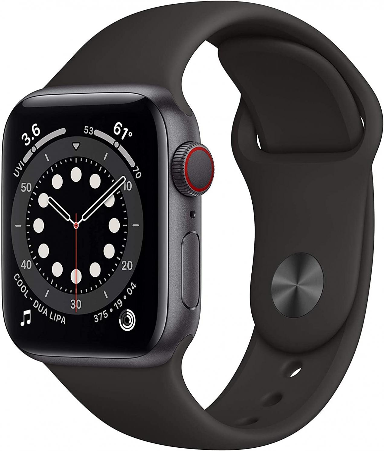 Apple Watch Series 6 (GPS + Cellular, 40mm) - Space Gray Aluminum Case with Black Sport Band (Renewed)