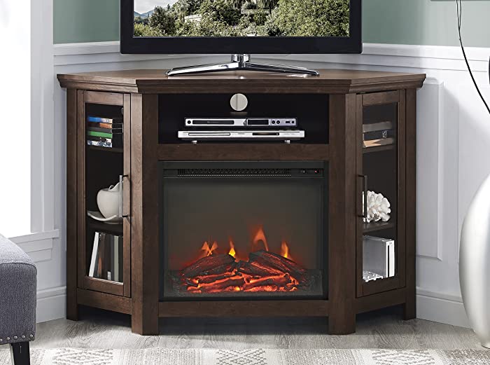 Walker Edison Alcott Classic Glass Door Fireplace Corner TV Stand for TVs up to 55 Inches, 48 Inch, Traditional Brown