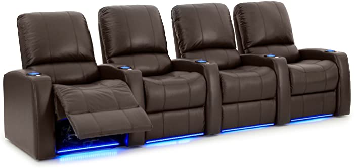 Octane Seating Blaze XL900 Home Theater Chairs Brown Top-Grain Leather - Power Recline - Accessory Dock - Straight Row of 4