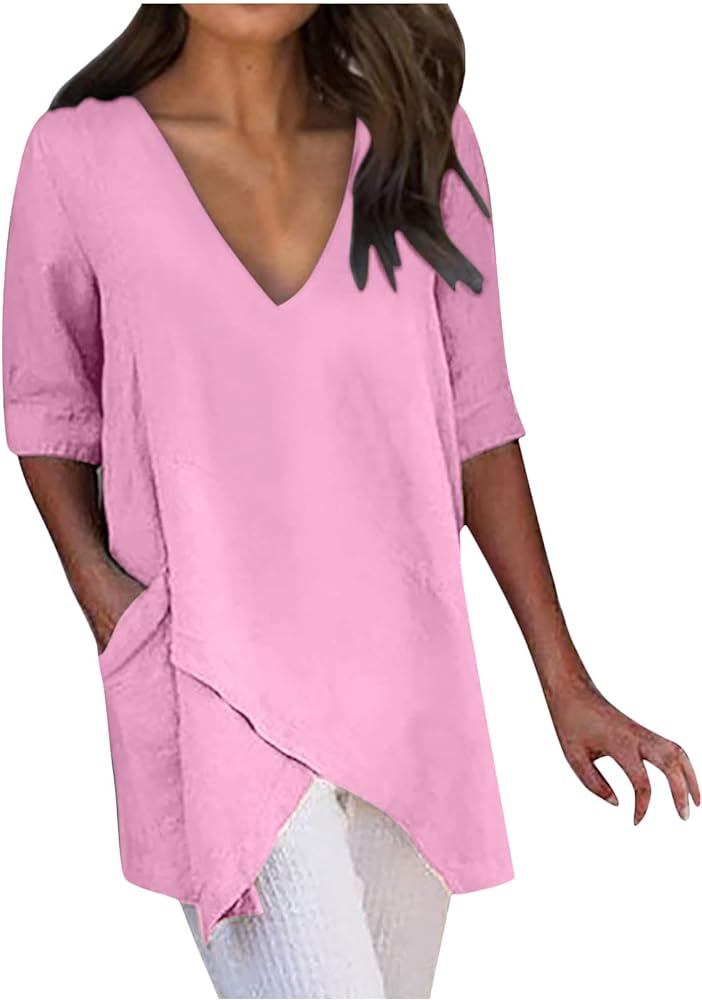 Ceboyel Women Asymmetrical Hem Tunic Tops Cotton Linen Casual Shirt Short Sleeve Deep V Neck Blouses Summer Vacation Clothing