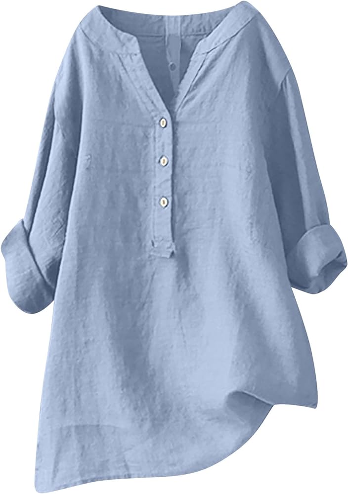 Women's Plus Size Cotton Linen Dress Tops Button Up Shirts Dress Casual Fall Blouse to Wear with Leggings