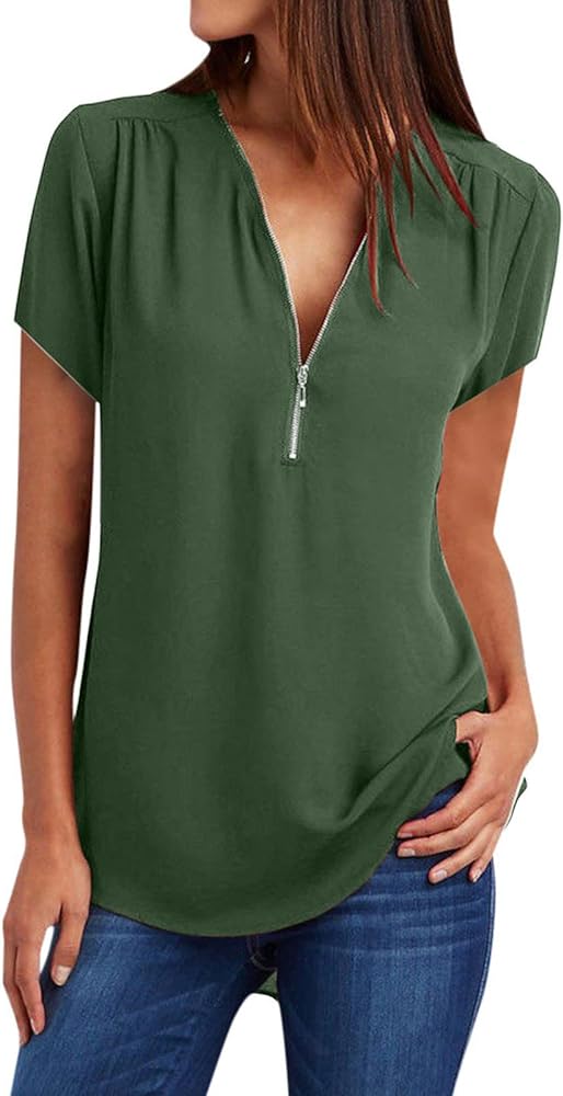 Womens Zipper V Neck Rolled Up Short Sleeve Shirt Loose Chiffon Tops Summer Fahion Solid Tunics Blouse