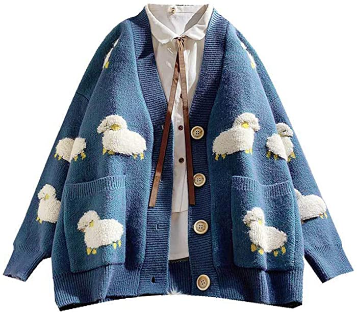 QYIYA Women Long Sleeve Knit Loose Cardigan Cartoon Sheep V-Neck Button Sweater Coat