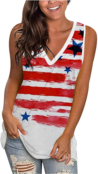 Fashion Women Tank American Flag Print Lace Tops Insert V-Neck Shirt Blouse