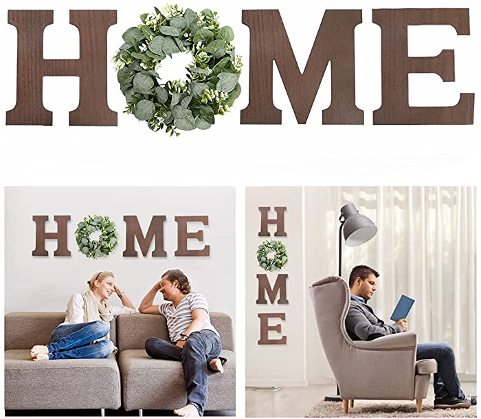 Home Sign Wall Decor Wooden Hanging Wood Home Letters for Wall Art with Artificial Eucalyptus Wreath Rustic Home Decor Farmhouse, Wall Decor for Living Room Kitchen Entryway Housewarming Gift (Brown)