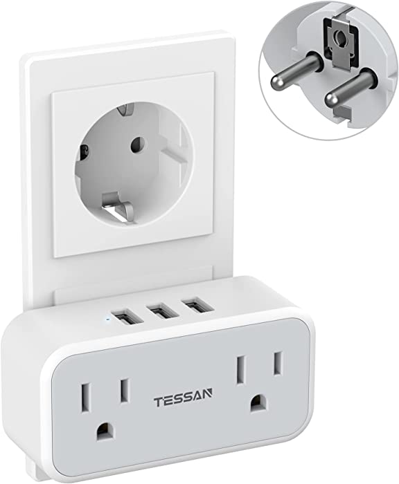 Type E/F Plug Adapter, TESSAN Germany France Power Adapter, Korea Travel Converter with 2 Electrical Outlet 3 USB Charger, US to Spain Iceland German French Norway Sweden Europe Schuko Adaptor