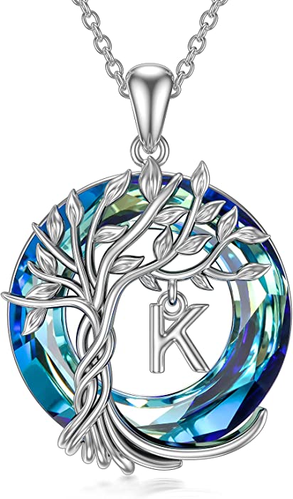 TOUPOP Tree of Life Necklace for Women with A-Z Initial Letter 925 Sterling Silver Family Tree Pendant with Circle Crystal Jewelry Anniversary Birthday Personalized Gifts for Women Daughter Girls Best Friend Teacher