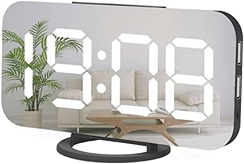 Miowachi Digital Alarm Clock,Large Mirrored LED Clock,Snooze,Dim Night Light 2 USB Charger Ports Desk Alarm Clocks for Bedroom Decor (Black)