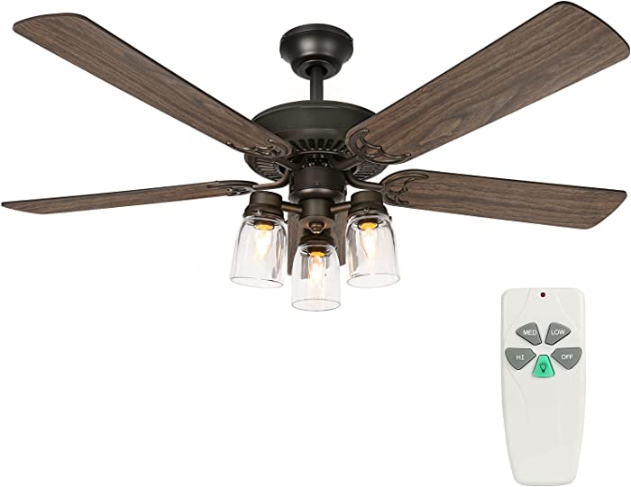 52 Inch Indoor Oiled Bronze Ceiling Fan with Remote Control, Industrial Ceiling Fan with Lighting, Reversible Motor and Blades, ETL Listed for Living room, Bedroom, Basement, Kitchen