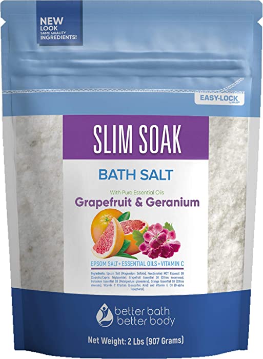 Slim Soak Bath Salt 32 Ounces Epsom Salt with Natural Grapefruit, Geranium and Orange Essential Oils Plus Vitamin C in BPA Free Pouch with Easy Press-Lock Seal