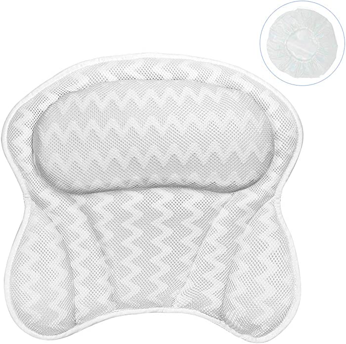 Bath Pillow,Lcogete Bath Pillows for Shower Tub Women Men Neck and Shoulder Support Rest 3D Air Mesh Breathable Bathtub Spa Bathroom Pillow with Power Suction Cups Washable- White