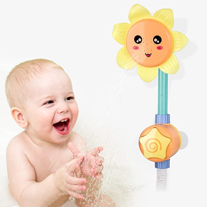 KINDIARY Baby Bath Shower Toy for Toddlers, Battery Operated Sunflower Water Squirt Shower Faucet and Bathtub Water Pump for Infants
