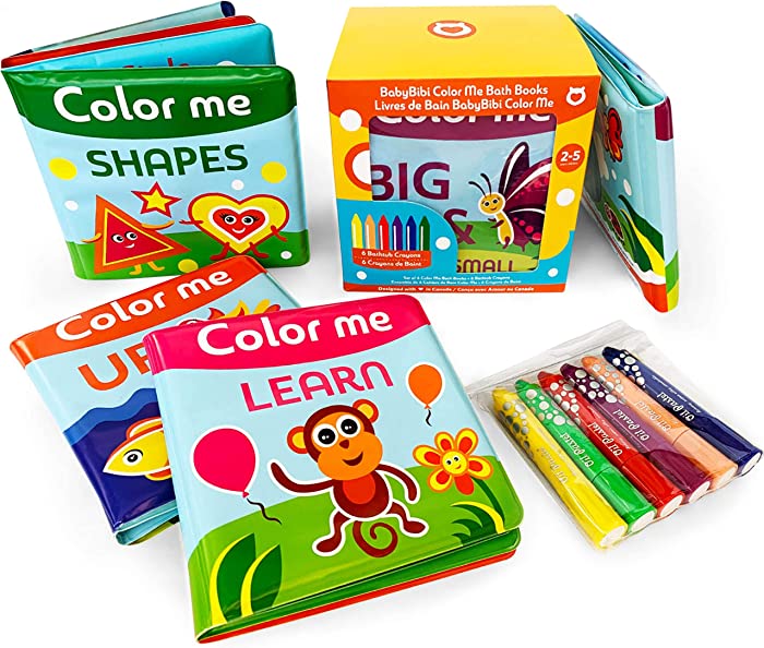 BabyBibi Color Me Bath Books Plus Crayons – Set of 4 Different Books – Includes 6 Washable Bath Crayons – Learn and Play Including Opposites and Shapes – Suitable for 3+ Months – ASTM Certified