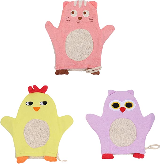 Uonlytech 3pcs Skin- friendly Kids Bath Mitts Lovely Animal Shower Gloves Soft Terry Cloth Bath Puppet Non- toxic Baby Washcloths Shower Loofah Sponge for Kids