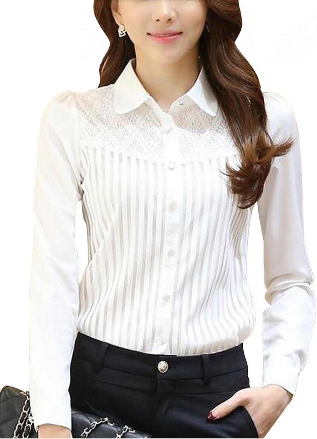 Womens Vintage Collared Button Down Shirt Long Sleeve Lace Stretch Blouse
