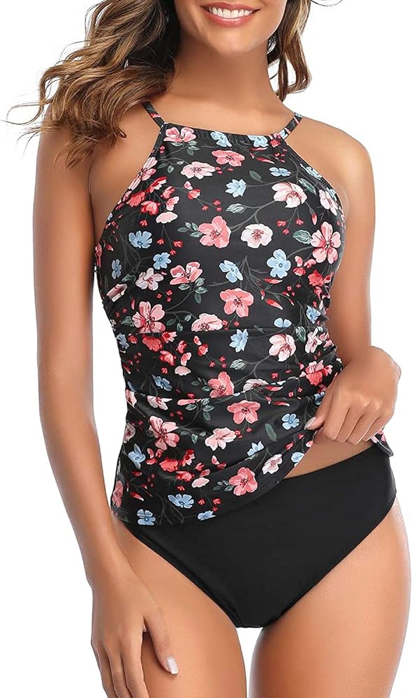 Tempt Me Two Piece Tankini Swimsuit for Women High Neck Ruched Tummy Control Top with Bottom Bathing Suits