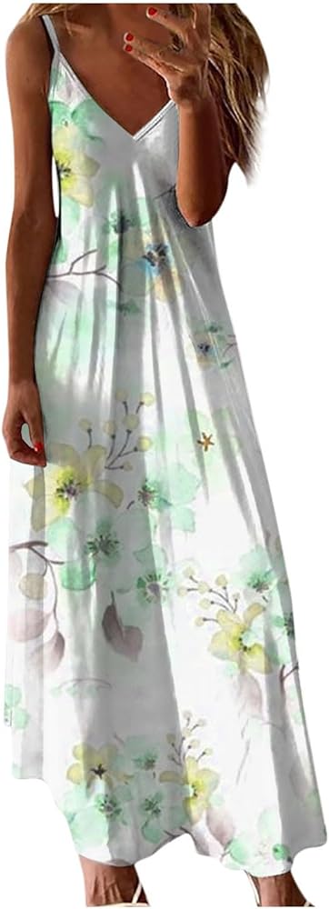 Womens Bohemian Summer Plus Size Dresses Floral Spaghetti Strap Maxi Long Dresses 2024 Trendy Beach Resort Clothes