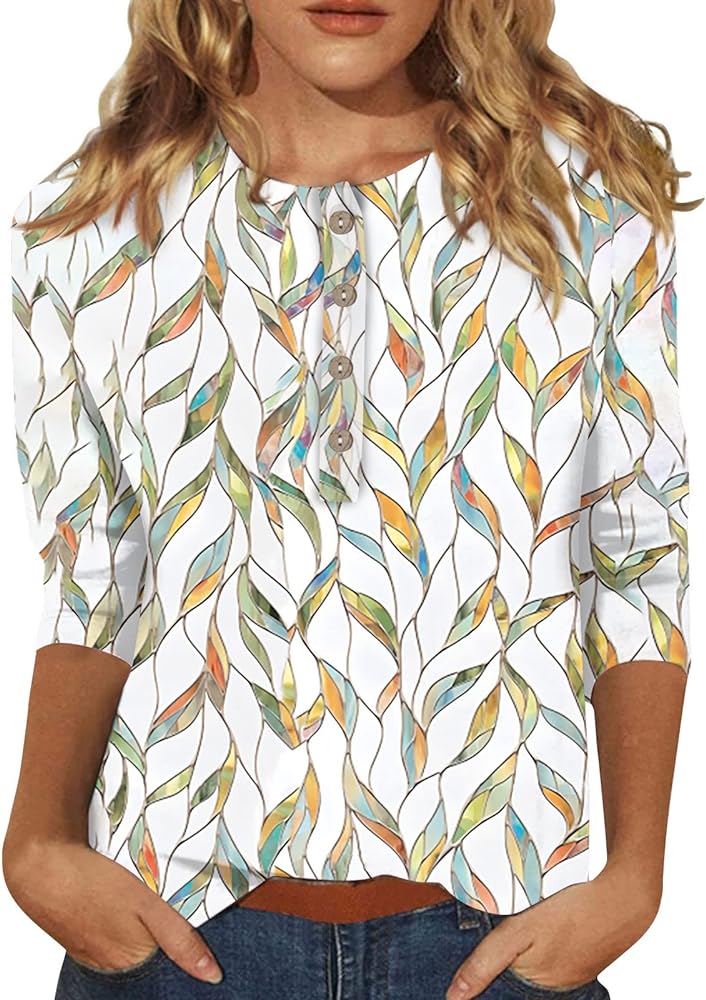 3/4 Sleeve Tops for Women Work Tops Summer Tie Dye Shirt Casual Shirt Button Down Crewneck Tops Trendy Plus Size