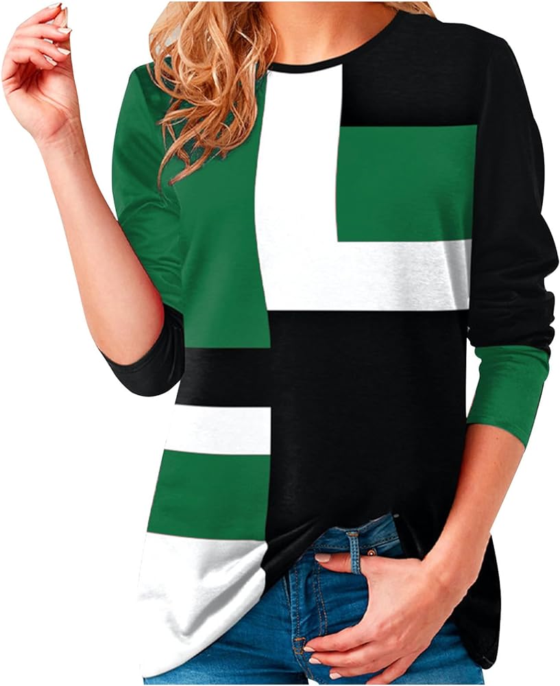 SMIDOW Womens Long Sleeve Shirts Blouse Color Block Stripe Tops Sweaters Crew Neck Slim Fit Tunic Tops Dressy Casual