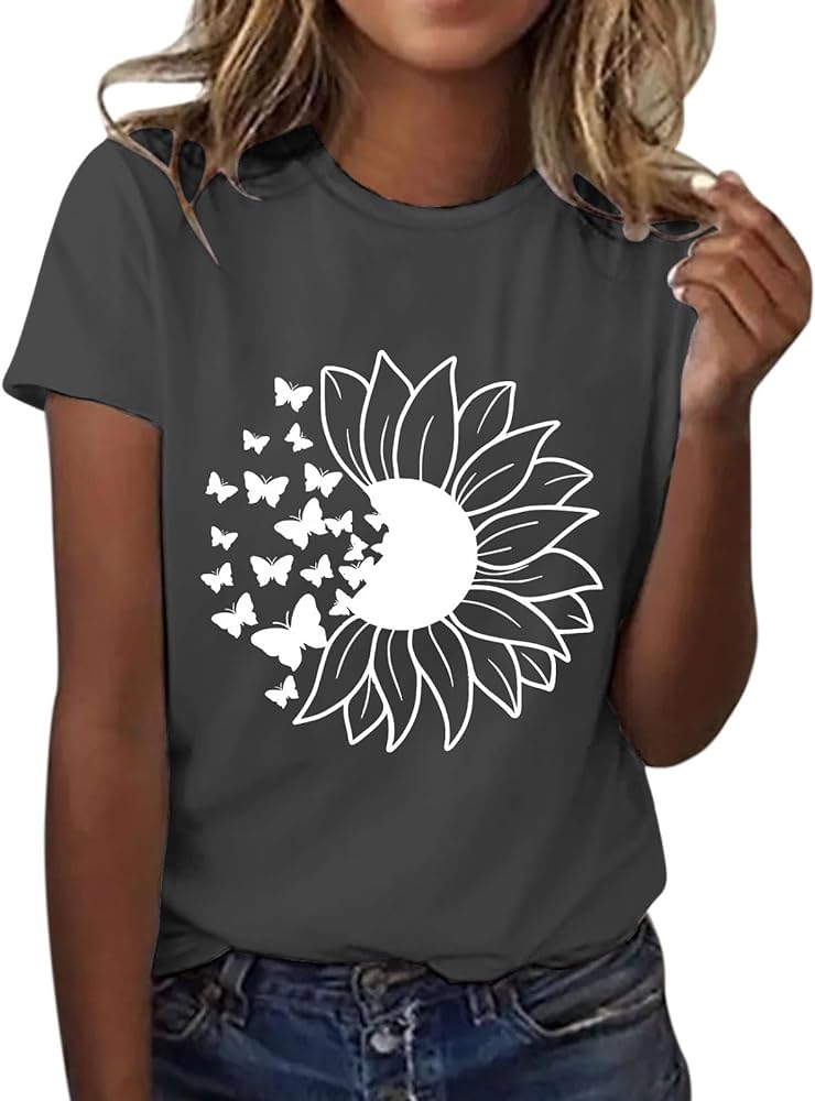 Tops for Women Trendy Sunflower Graphic T Shirt Plus Size Loose Tees Crewneck Short Sleeve Summer Casual Blouses