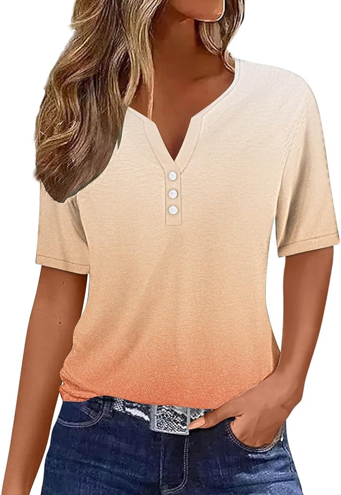 Ceboyel Womens Gradient Color Summer Tops Trendy Henley Shirts Blouses Short Sleeve Tshirts Dressy Casual Ladies Clothes 2024