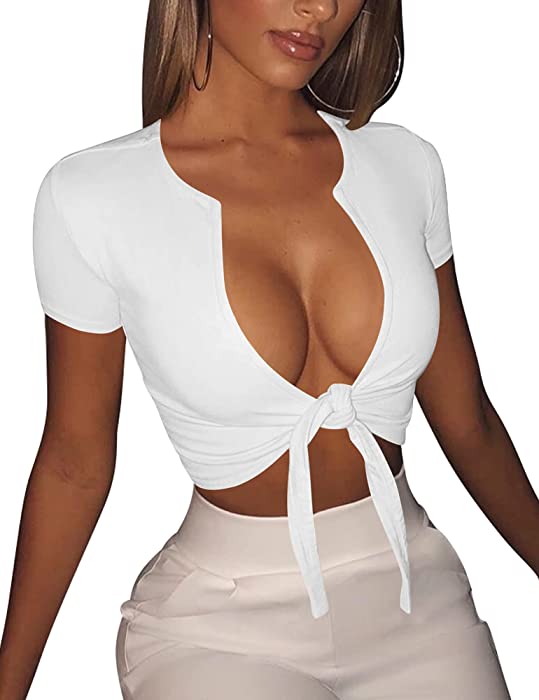 BORIFLORS Women's Sexy Tie Up Crop Top Short Sleeve Deep V Neck Casual Basic T Shirt
