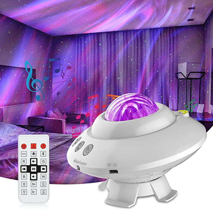 IXI Aurora Star Projector, Night Light Projector with 14 Lighting Effects, Remote Control UFO Shaped Galaxy Projector Night Light with Bluetooth Speaker, Timer & Voice Control for Gift, Kids' Bedroom