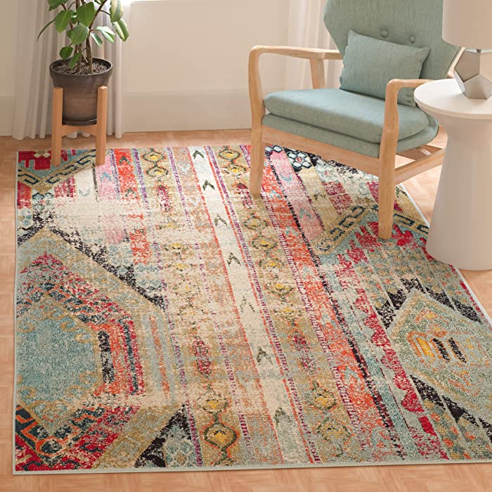 SAFAVIEH Monaco Collection MNC222F Boho Chic Tribal Distressed Non-Shedding Living Room Bedroom Accent Area Rug, 4' x 5'7", Multi