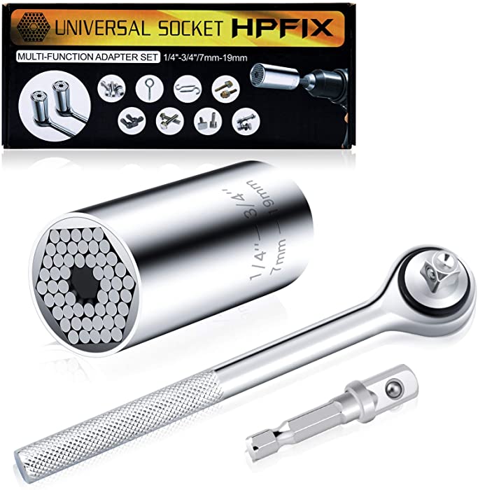 HPFIX Universal Socket, Grip Socket Set Self-Adjusting Fits Standard 1/4"- 3/4" Metric 7mm-19mm with Power Drill Adapter, Best Tools Gifts for Men, Dad, Husband, Boyfriend